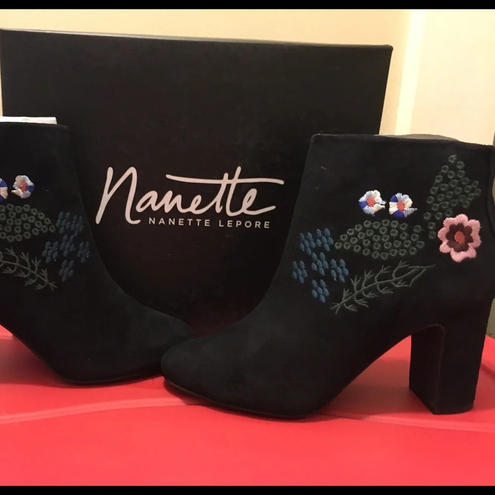 Nanette Lepore Black Suede Embroidered Floral Ankle Boots
